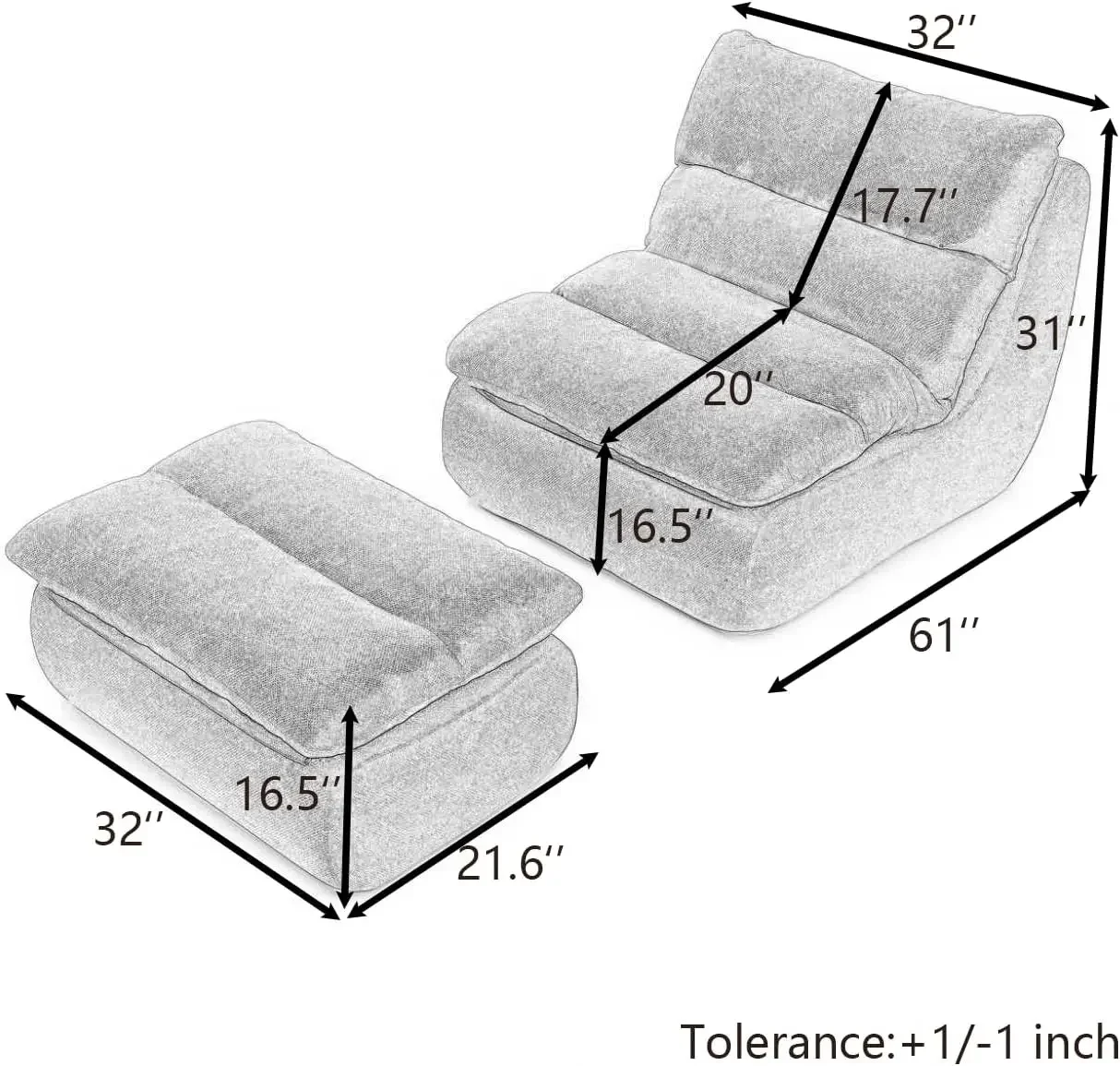 Comfy Reading Chair for Adults with Ottoman, Cloud Bean Bag Chair Sofa, Boneless Single Seat Lounge Couch with High Density Foam