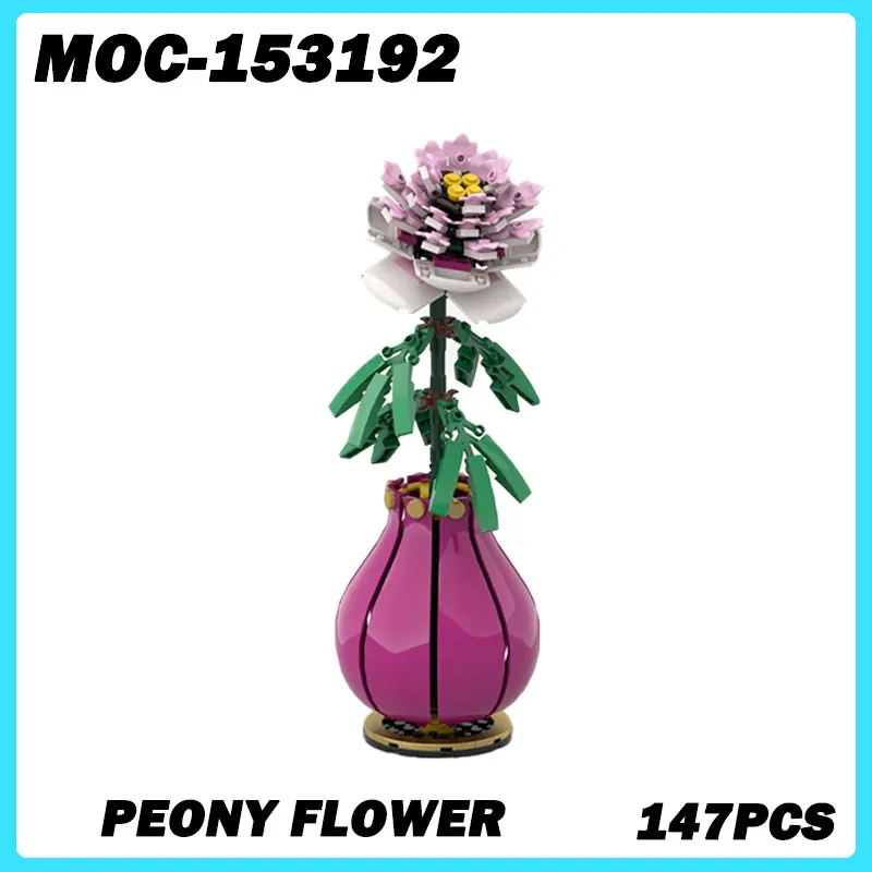 MOC-153192 Micro Architecture Modular Peony Flower Building Blocks, DIY Model Assemble Bricks Puzzle Toys Brick Birthday Gifts