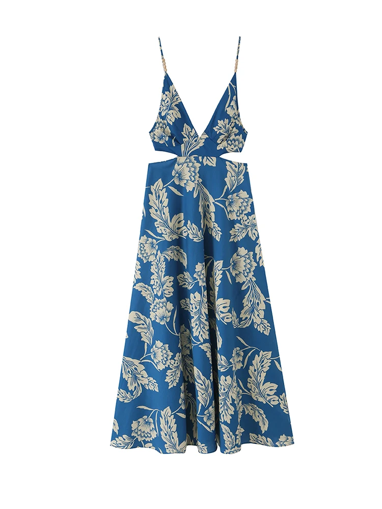 

Women Floral Print Cutout Waist Long Dress Summer Spaghetti Strap V-Neck A-Line Sundress