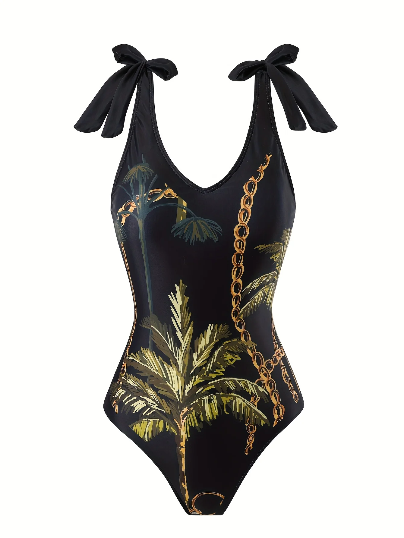 Women's One-Piece Swimsuit, Black Coconut Tree Plant Print, Sexy V-Neck Tie Straps, Tulle Skirt, Mesh Wrap Skirt, Two-Piece Beach Swimsuit Set