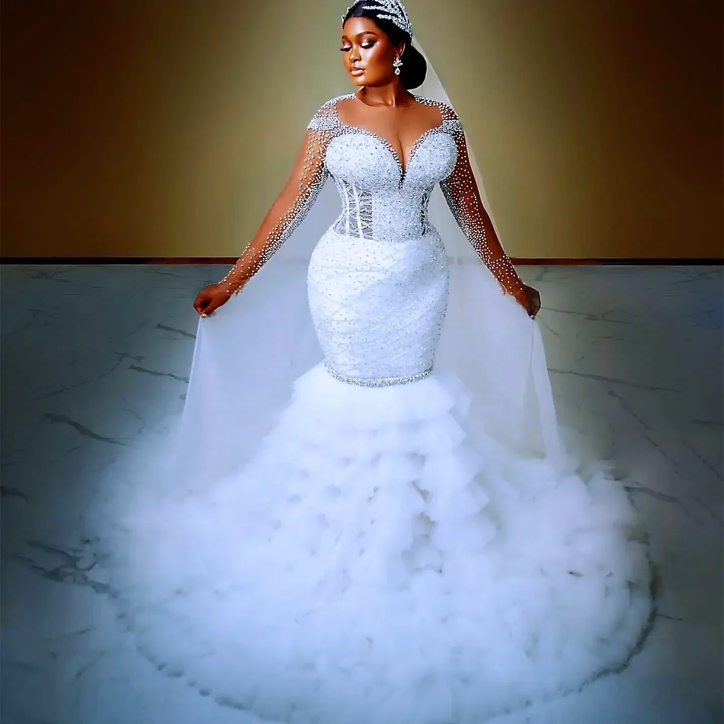 맞춤형 아랍 아소 에비 플러스 사이즈 아이보리 머메이드 웨딩드레스 비즈 장식 시어 넥 비즈 탈부착 트레인 브라이덜 가운 드레스