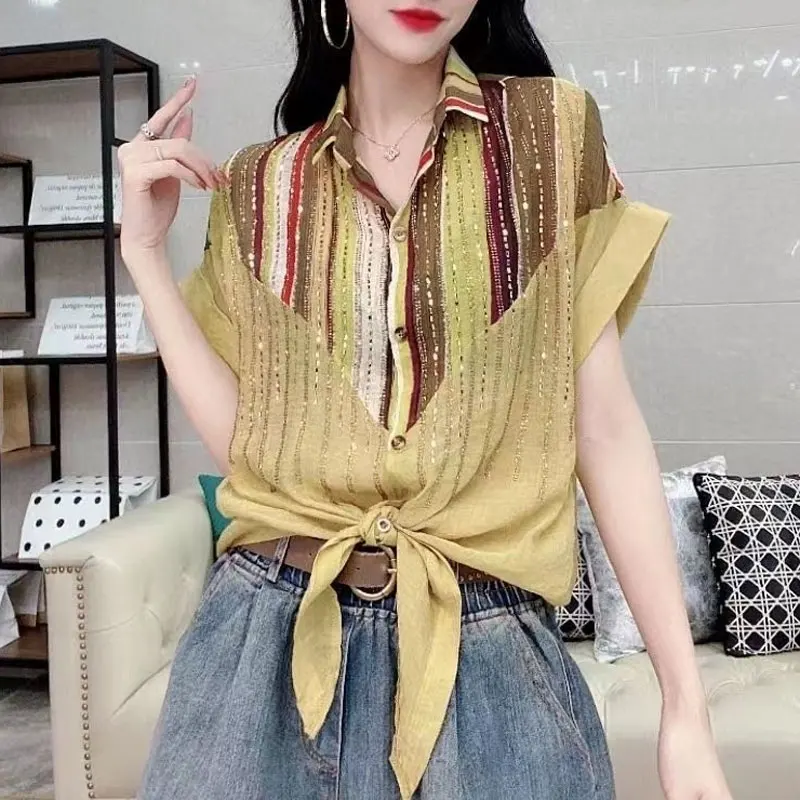 Office Lady Stylish Striped Patchwork Blouse Summer Elegant Bandage Bow Casual Lapel Single-breasted Female Chic Diamonds Shirt