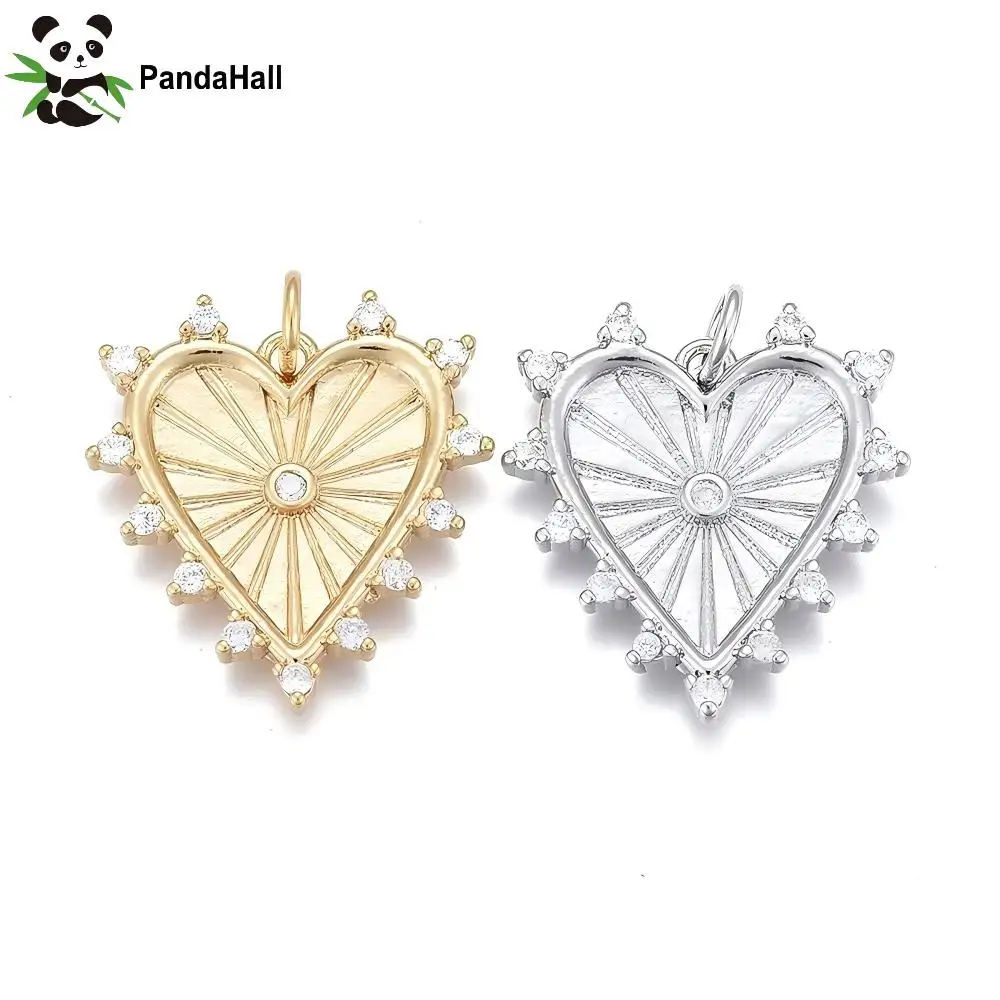 PandaHall 5Pcs Brass Micro Pave Clear Cubic Zirconia charm Long-Lasting Plated, with Jump Rings, Heart 21x19x2.5mm, Hole: 3mm