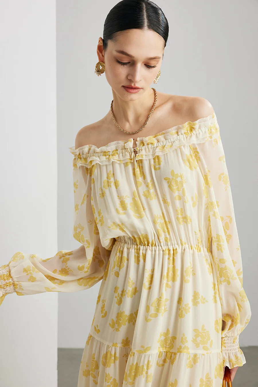 Winsleter-100%Real Silk Qiao Qi Elegant Dress, Long Sleeve Floral Print, Women French Bohemia Dresses, 2026 Summer New D64344CC