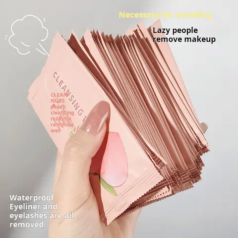 복숭아 개별 포장 메이크업 리무버 물티슈, 부드러운 페이셜 메이크업 리무버, 휴대용 메이크업 리무버 물티슈