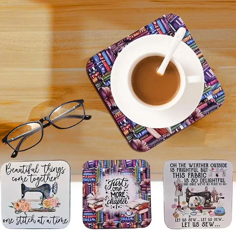 Let Us Sew,Let Us Sew Printed Coaster,Reusable Wooden Cups Mat,Drink Holder Heat-resistant Wear-resistant Sewing Gifts