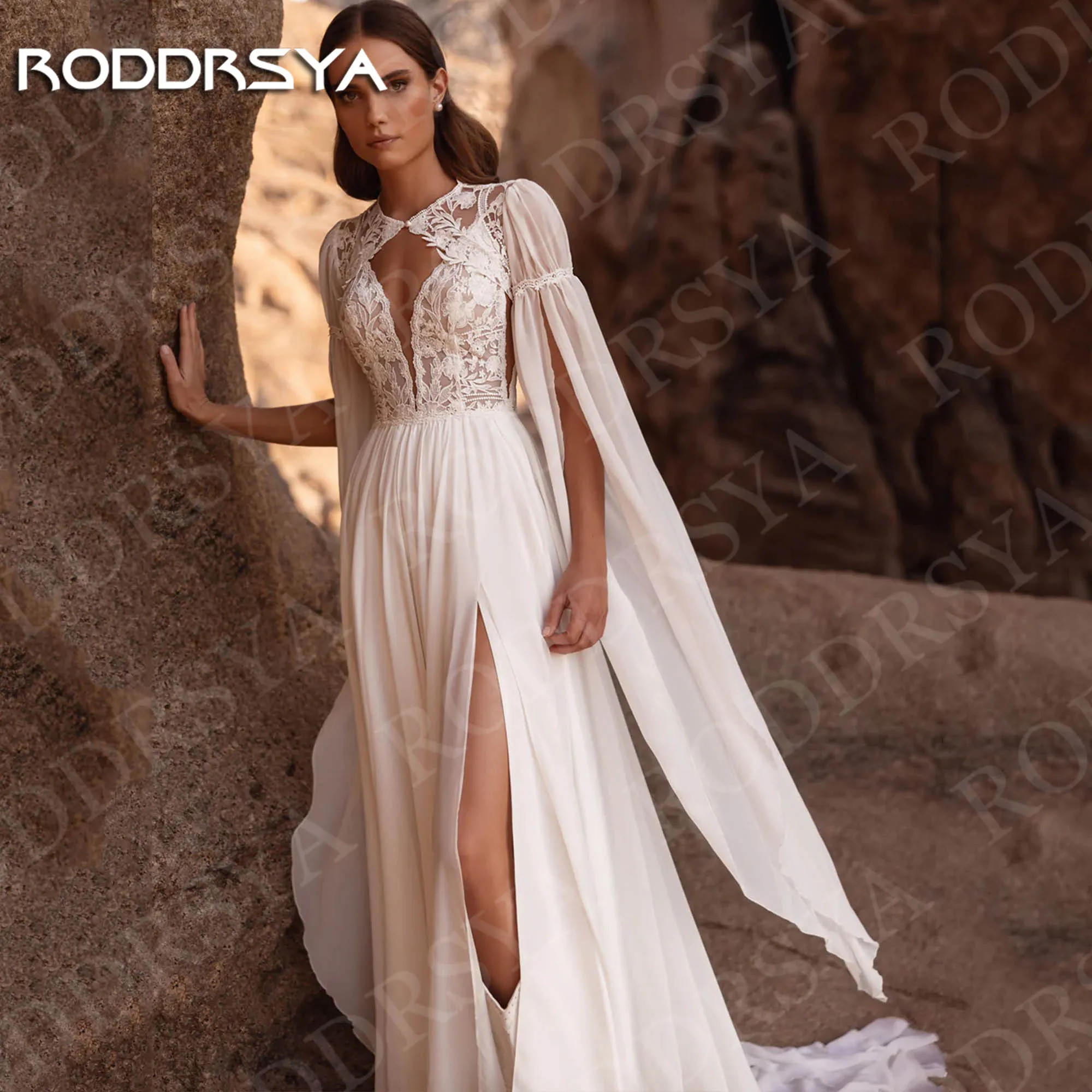 Gaun Pengantin Boho RODDRSYA Gaun Pengantin Vintage Aplikasi Renda Lengan Mengembang Belahan Tinggi Gaun Pengantin Pantai Dapat Disesuaikan Wanita 2026