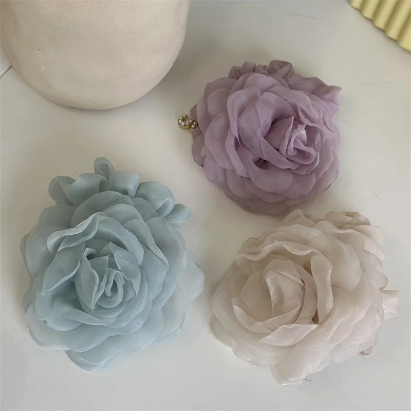 Scrunchie Tulle Rose Flower Soft Fabric Pastel Muted Colors Gentle Feminine Hair Tie for Women Home Travel Office Premium