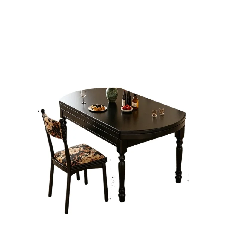 American solid wood dining table retractable variable round table, black retro style small apartment 1.2 meters 6 people dining