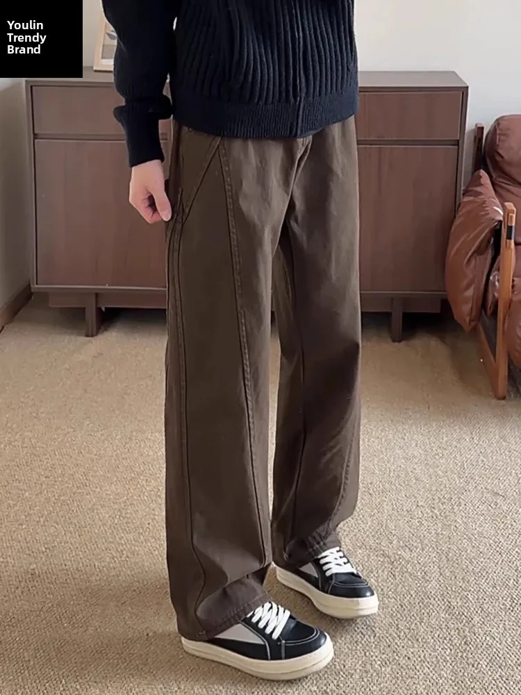 

Коричневые джинсы Ce Slim Fit с прямыми штанинами, мужские зимние брюки в американском ретро-стиле с флисовой подкладкой, рабочая одежда, низкая талия, молодежный тренд