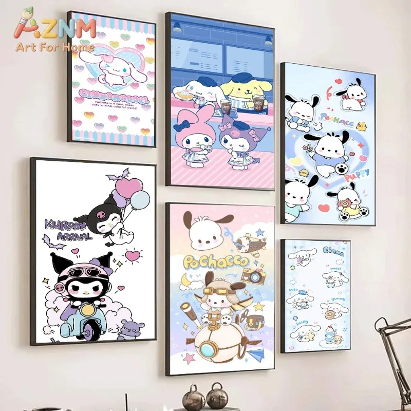 Cinnamoroll Kuromi Pochacco Canvas Poster Cute Sanrio Cartoon Print Unframed Canvas Art Rainbow Heart Sweet Kawaii Aesthetic Wal