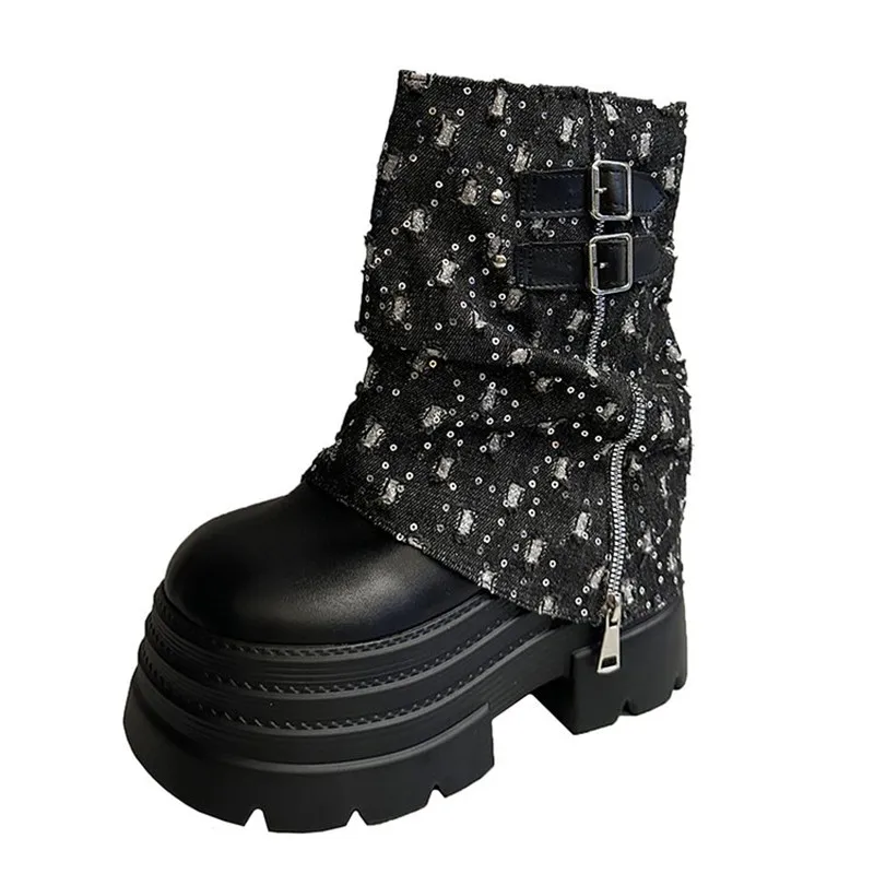Autumn Winter Chunky Short Boots Women Canvas 10CM High Heels Mid Calf Leather Sneakers Trend Buckle Motorcycle Boots Snow Shoes