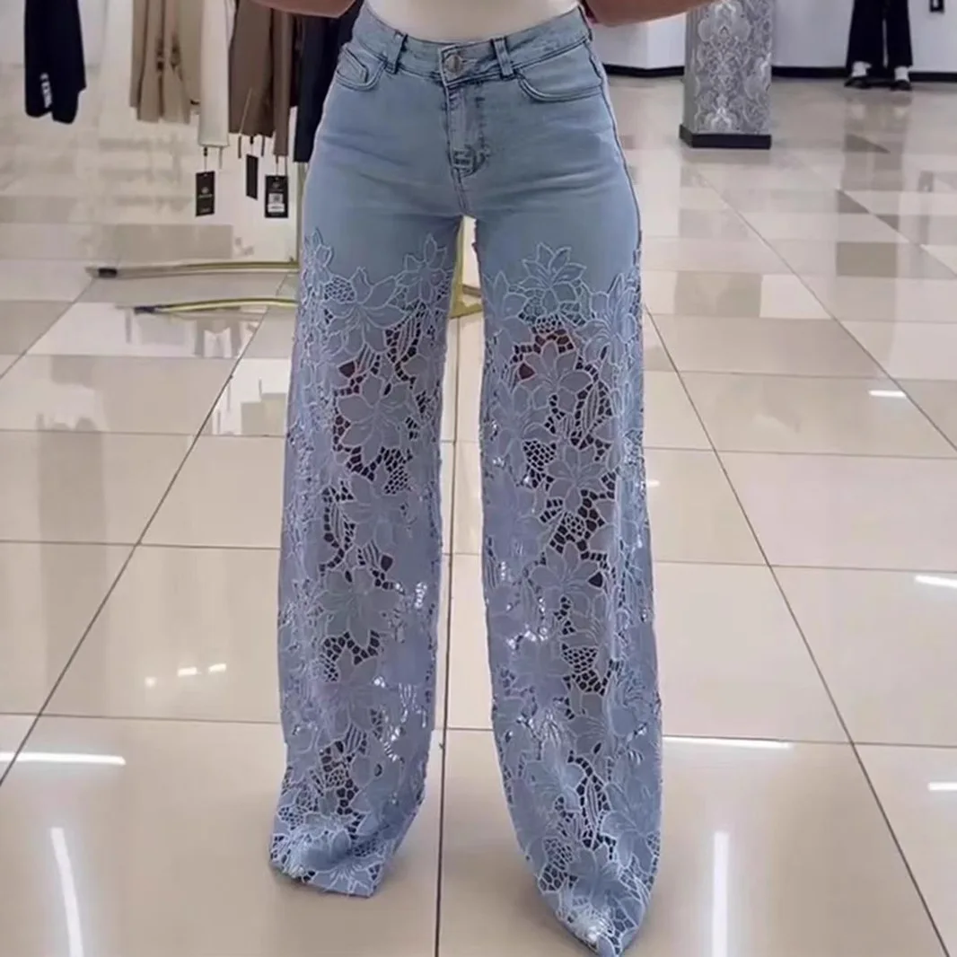 

Long Wide Leg jeans for woman Casual Solid Color High-Waist Wide-Leg Pants Female Straight Trousers Lace Hollow Straight Pants