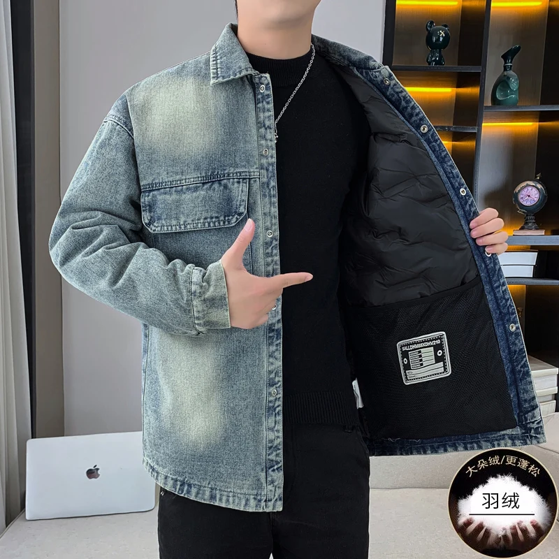 Alta qualidade streetwear masculino denim pato branco para baixo jaquetas juventude 2024 inverno quente jeans puffer casaco à prova de vento cowboy para baixo parka