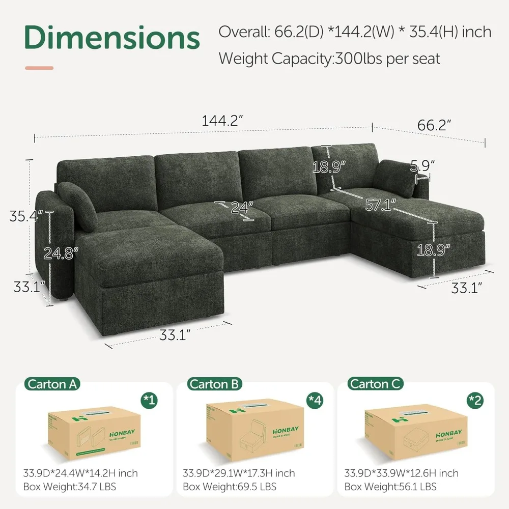 Sectional Couch with Storage Seats, Modular Sectional Sofa with Storage Ottoman, U Shaped Sectional Couches for Living Ro