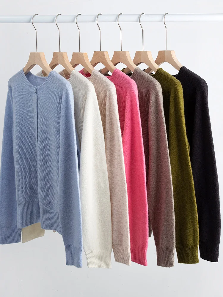 SuyaDream 100%Pure Wool Cardigans For Woman 2022 Round Collar Single Breasted Seamless Sweaters Fall Winter Jackets