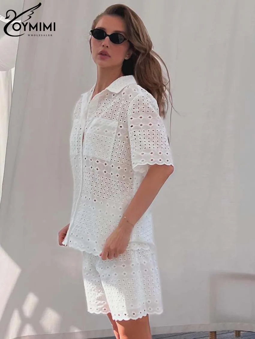 Oymimi Fashion White Cotton Women 2 Piece Set Outfit Casual Jacquard Pockets Short Sleeve Shirts And High Waisted Shorts Sets