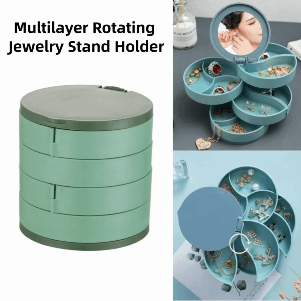 Multilayer Jewelry Stand Holder Display Tray with Lid Rotating Plastic Stand Dustproof with Mirror Desktop Storage Box Makeup