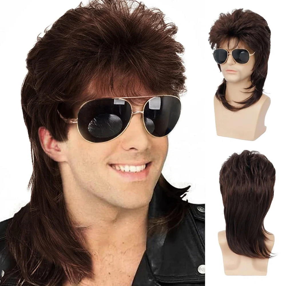 HAIRJOY Sallcks Mens Mullet Wigs Synthetic Hair Curly 70s 80s Retro Cosplay Costume Wig Rocker Disco Fancy Show Wigs