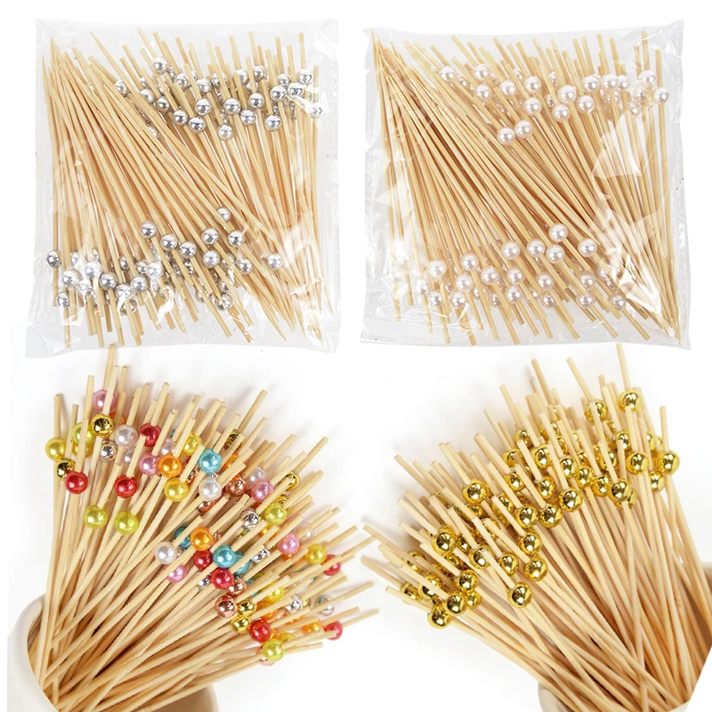 

100pcs Beads Bamboo Fruit Toothpick Salad Stick Buffet Cake Food Picks For Kids Wedding Hawaii Party Favors Cocktail Toothpicks