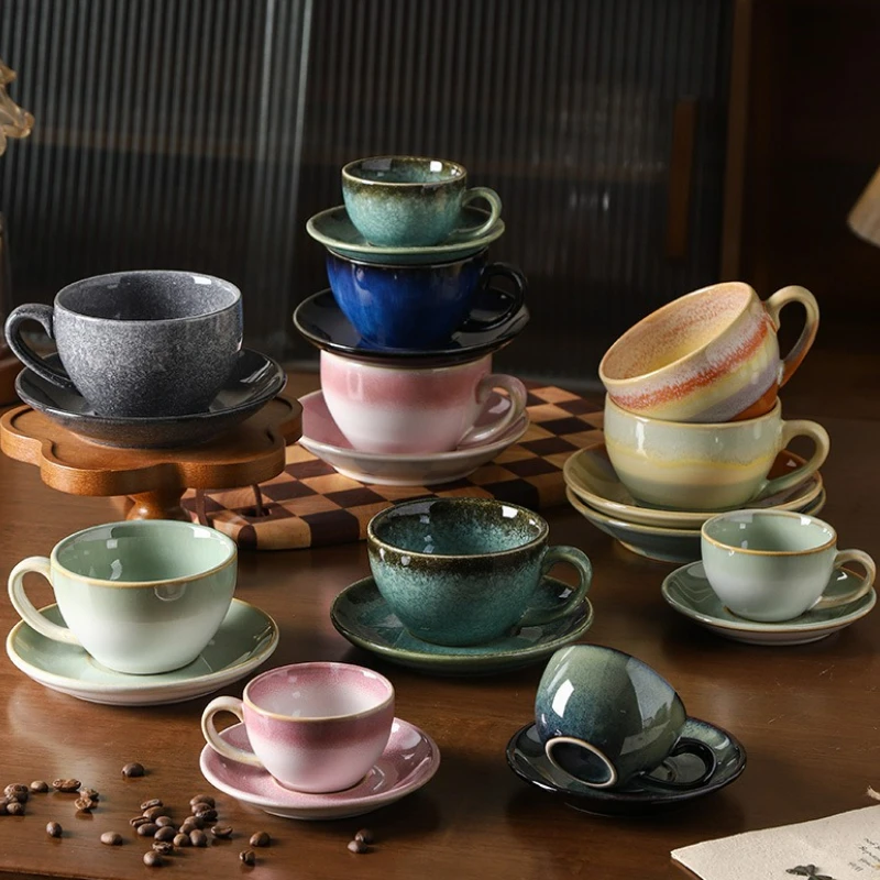 

Ceramic Retro Kiln-Turned Coffee Cup and Plates Set Creative Vintage Chinese Breakfast Cups Afternoon Tea Drinking Utensils