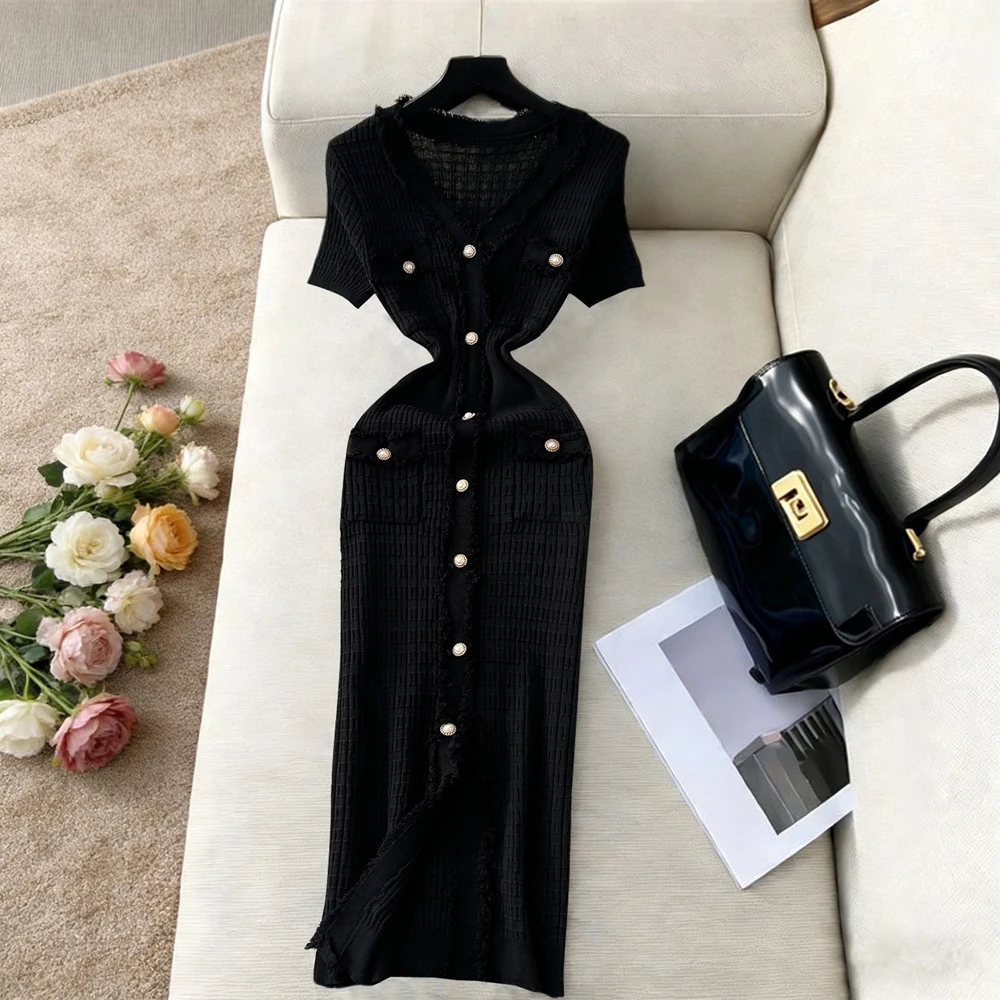YuooMuoo Merk Mode Parel Knopen Gebreide Lange Jurk Lente Zomer Luxe V-hals Bodycon Trui Jurk Kantoor Dame Vestidos
