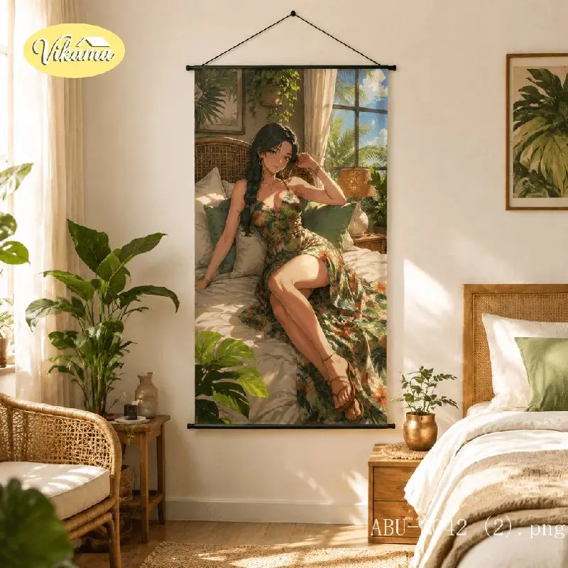 VIKAMA Anime Girl Tropical Dress Tapestry Bohemian Plant Bedroom Botanical Art Wall Hanging Living Room Home Decor