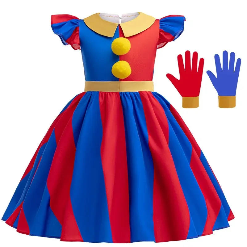 Costume de Cosplay LYus Pomni pour Enfant Fille, Robe de Princesse, Masque, Gants, Dessin Animé d'Halloween, Tenue d'Été