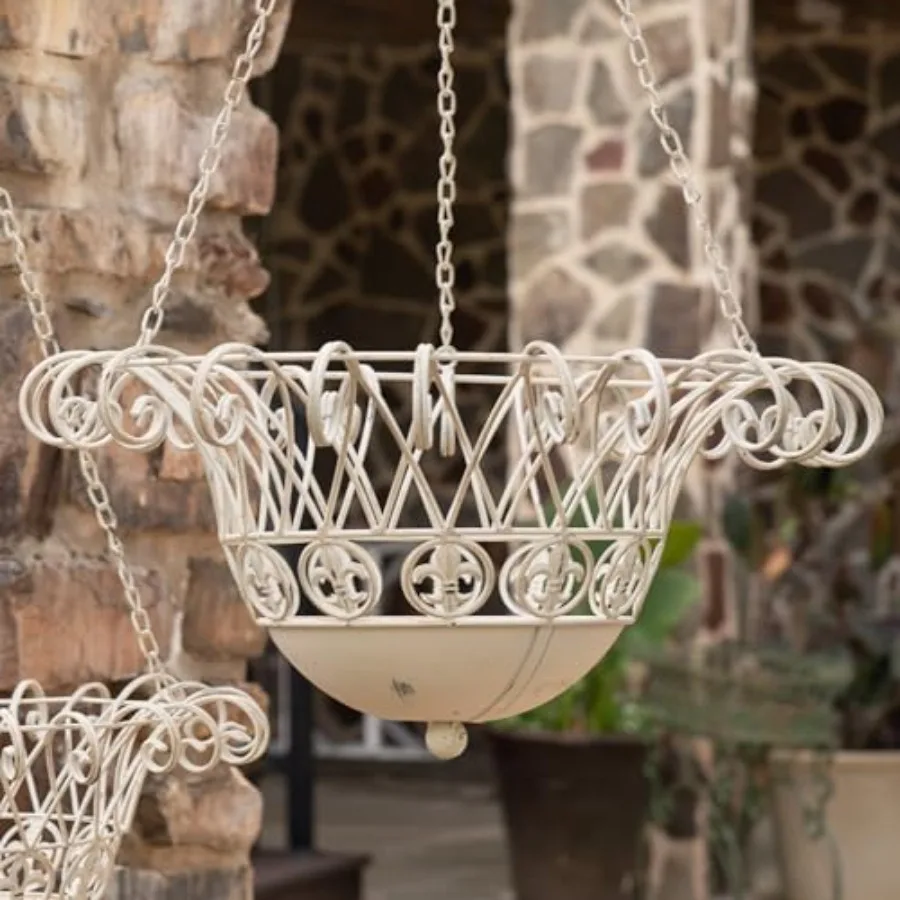 Set of 2 Decorative Metal Hanging Baskets Indoor/Outdoor Planters 20x20 inch Large and 16x16 inch Small Antique White Durable M