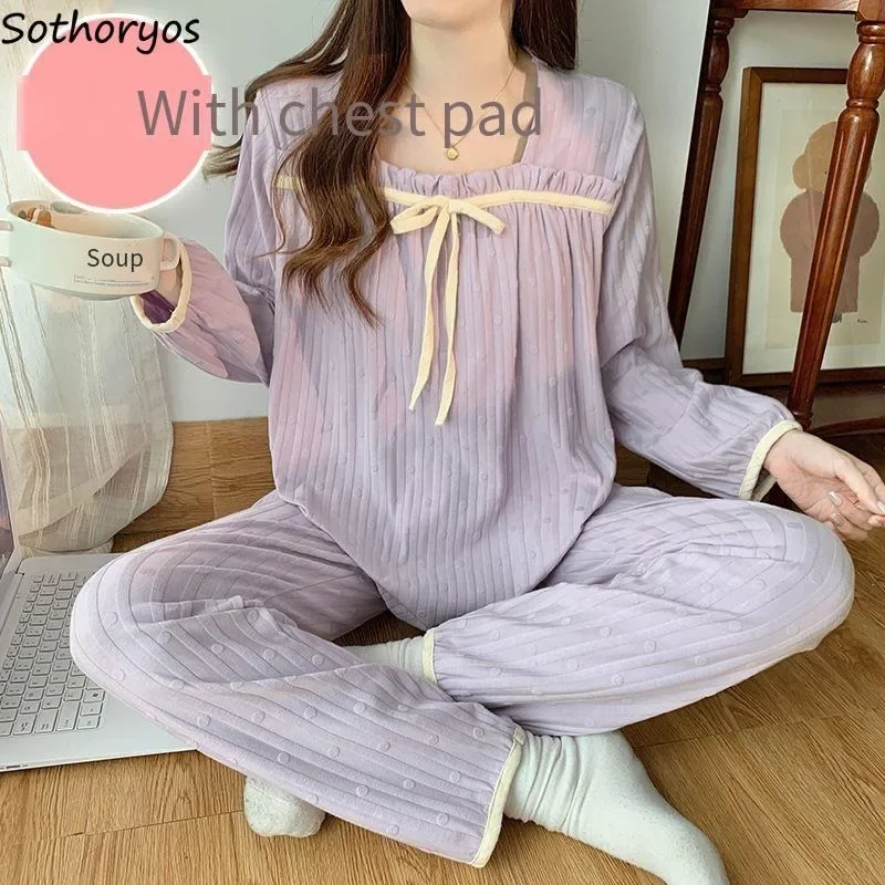 Pajama Sets Women Solid with Chest Pads Slouchy Chic Sweet Cute Korean Fashion Bow Ins Gentle Harajuku Autumn Homewear Pyjamas