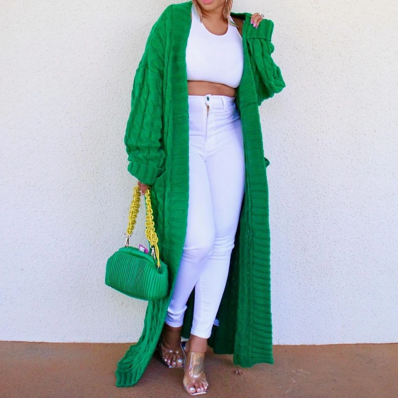 Kintted Cardigan Women Long Jacket Autumn Spring Green Crochet Loose Long Sleeve Winter Sweater 2023 Warm Jumper Coat Cardigans