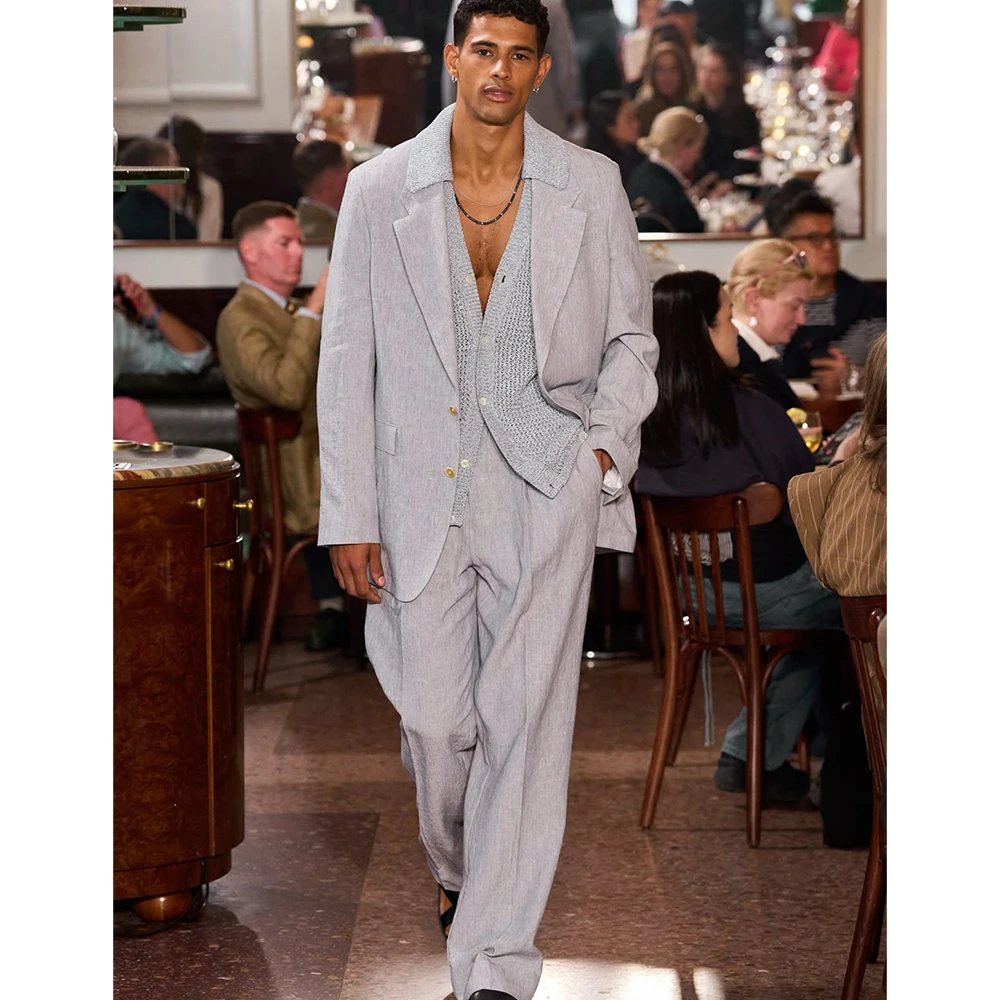 

Light Linen Gray Men's Fashion Simple Suit 2 Piece Set Single-Breasted Notch Lapel Loose Fit Office Party Male（Jacket&Pants）