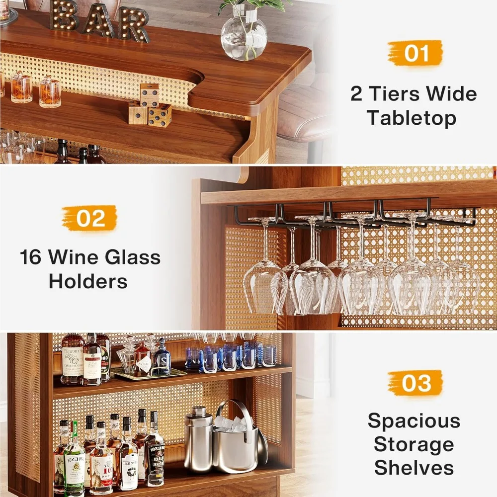 وحدة بار المنزل، طاولة بار الخمور من 4 طبقات، بار صغير مع رفوف النبيذ وحامل زجاجي، خزانة النبيذ في المزرعة لحانة المطبخ المنزلي