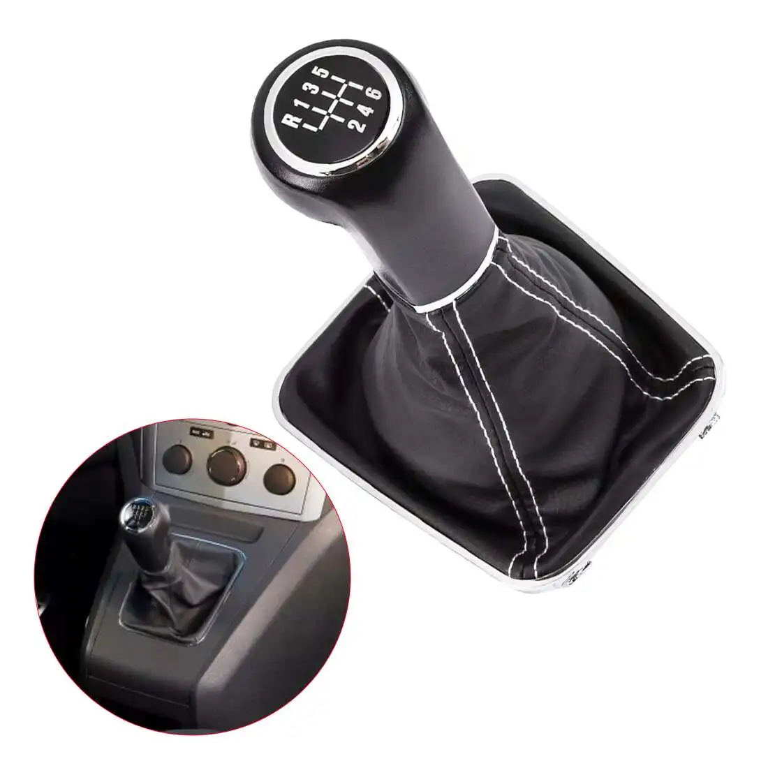 

6 Speed Gear Shift Knob Shifter Gaiter Boot Lever Head Black with White Sewing Fit for Opel Zafira B A05 2005-2015