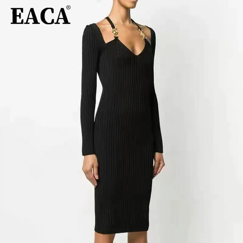 

EACA Elegant Minimalist Design With Suspender Metal Button Top 2025 Spring/summer New Sexy Mid Length Knitted Long Sleeved Dress