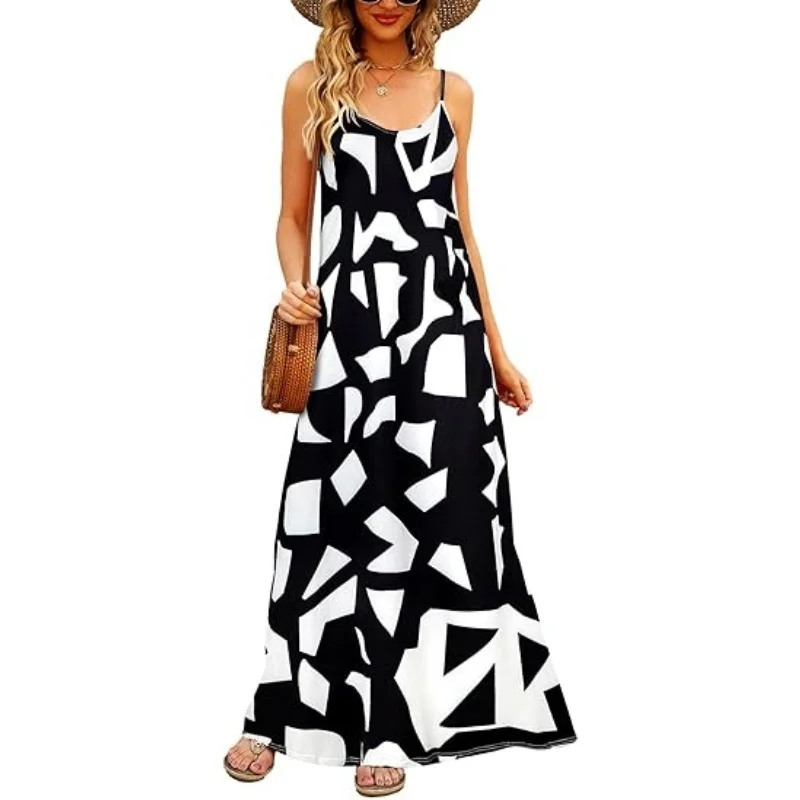 

Women's Casual Summer Maxi Dress Casual V-Neck Pattern Sleeveless Boho Spaghetti Straps Floral Long Skirt Pockets