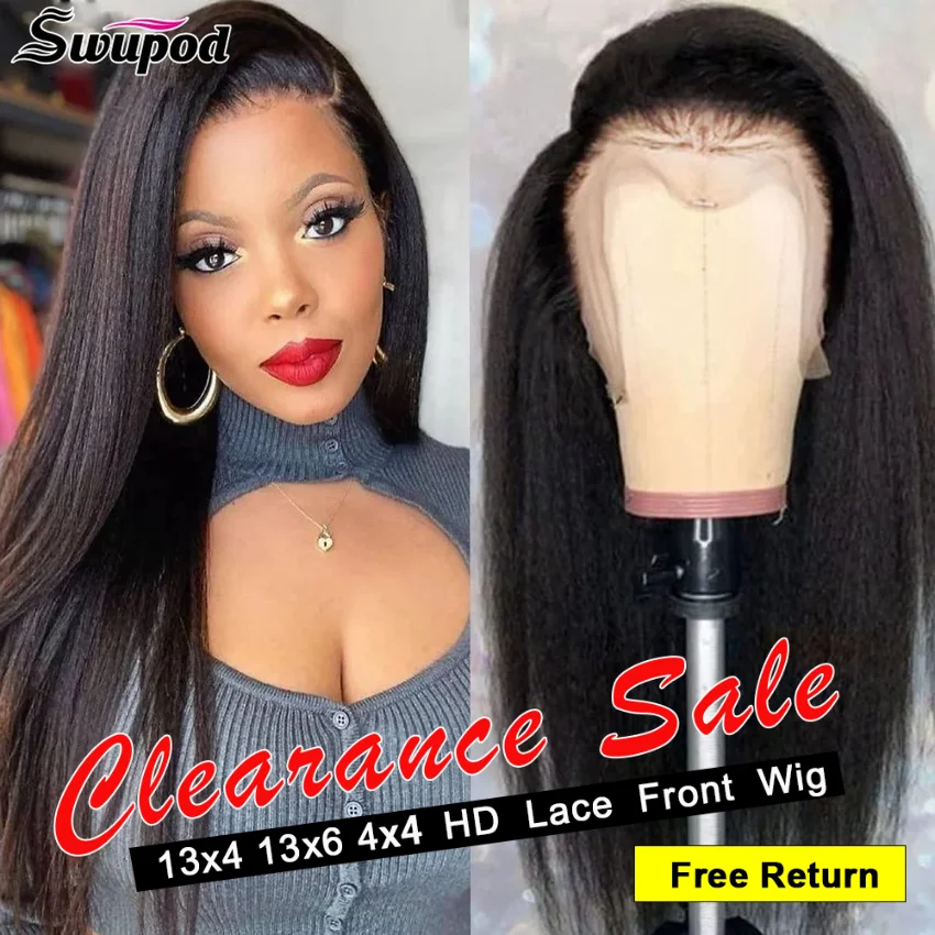 

Swupod 200% Density 13x4 13x6 HD Lace Front Wig YAKI Kinky Straight Remy Human Hair for Women Natural Black Frontal Glueless