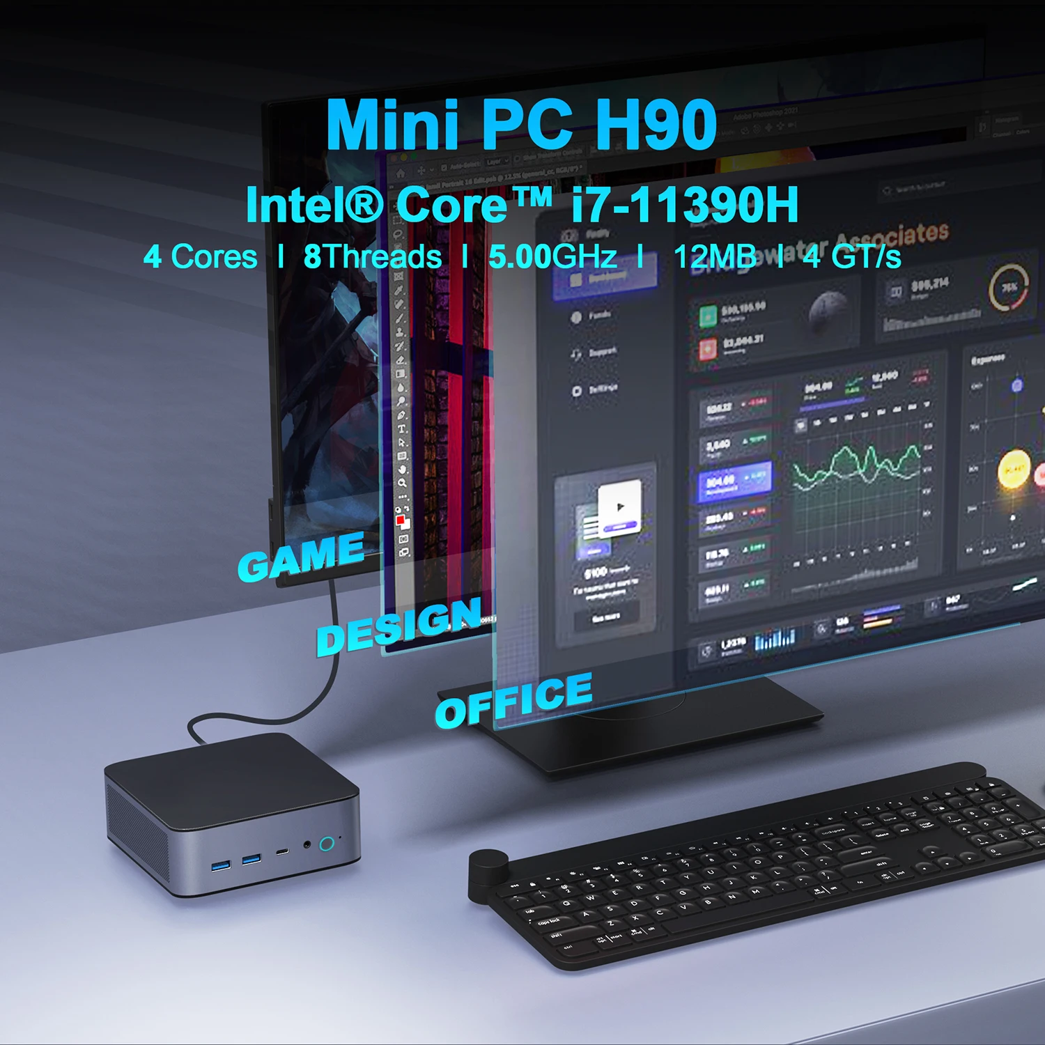 Ninkear-MINI PC H90, Intel Core i7 11390H, hasta 5,0 GHz, 16GB, + 512GB DDR4, SSD, WiFi 6, BT5.0, compatible con 8K, tres pantallas, Windows 11