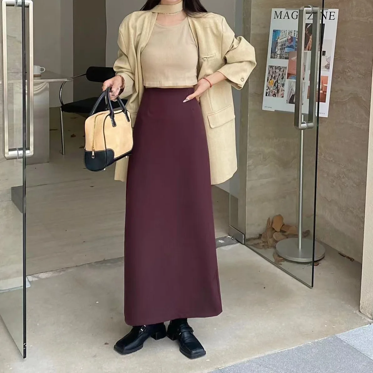 

Autumn Winter Skirt Half body Skirt Show Thin Temperament High Waist Split Fashion Medium to Long Style