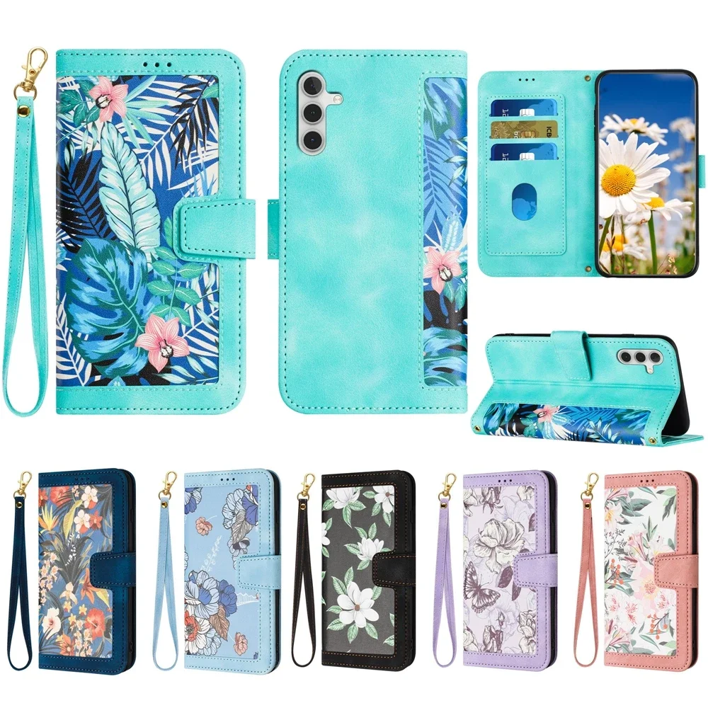 Wallet Case for Samsung Galaxy A54 A34 A14 A13 A23 A53 A33 A32 A52 A12 A04 A24 A25 Case Plant Flowers Leather Flip Cover Lanyard