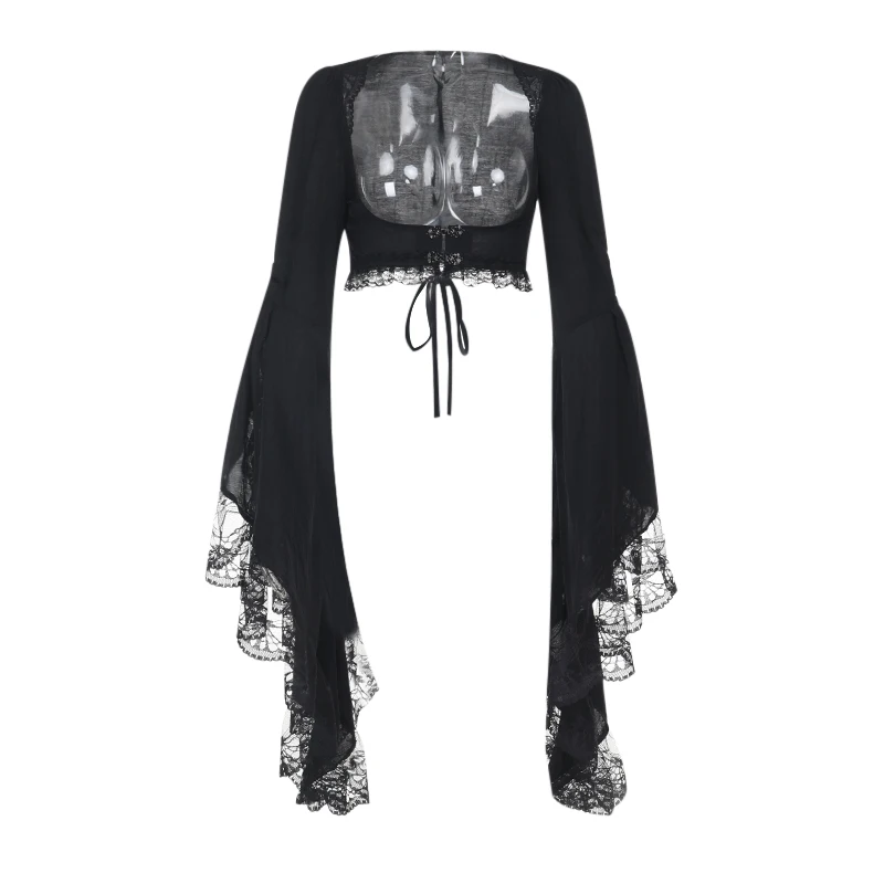 Gotycki Vintage Smock Damski Pałacowy Styl Hotsweet Mroczna Estetyka Grunge Koronkowy Patchwork Rozkloszowane Rękawy Krótkie T-shirty Damskie
