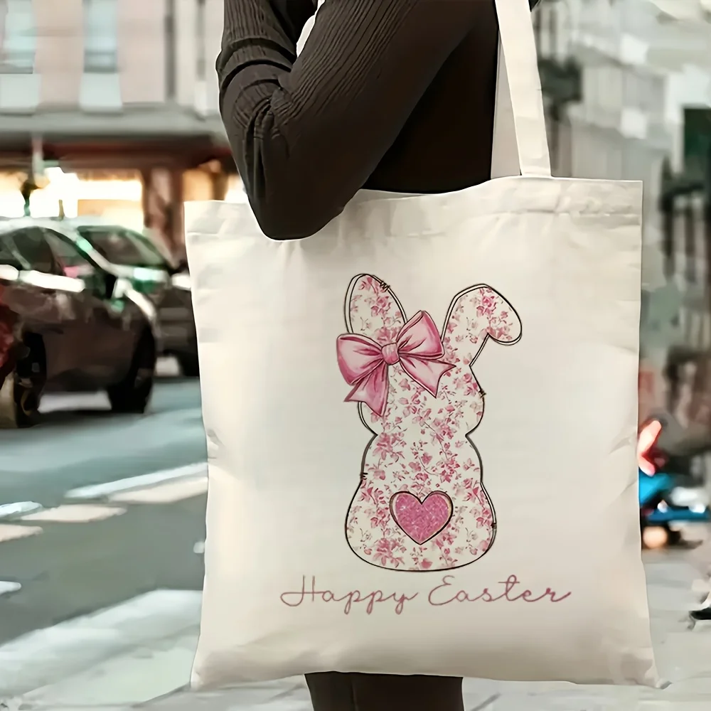 Stylish Rabbit Design Canvas Tote Bag, Happy Easter Floral & Heart Motif, Reusable Shopping Grocery Bag for Women