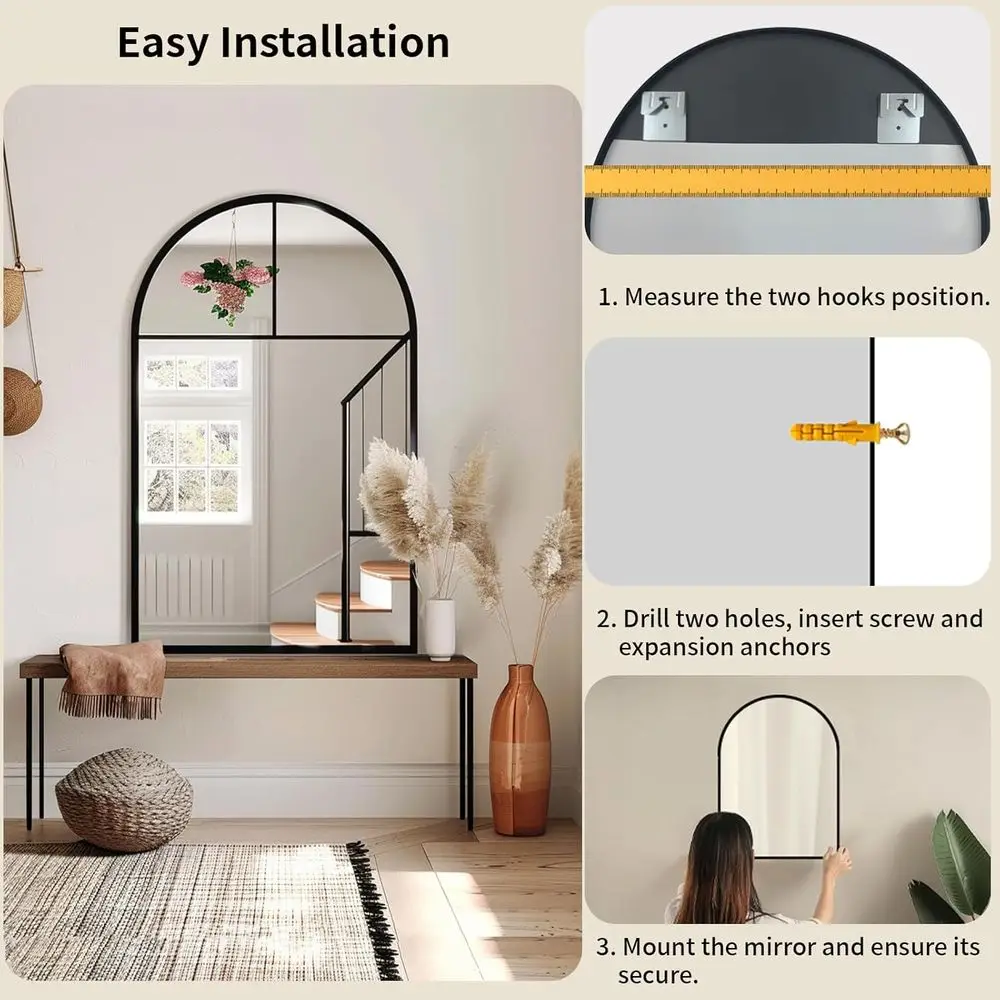 Elegant 20x30 Black Arched Mirror with Metal Frame for Bathroom, Hallway, and Bedroom