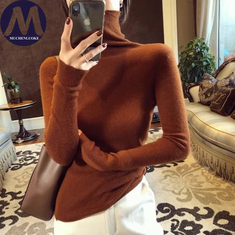Sweater for Woman Autumn Winter Elegant High Necked Knitted Thin SweaterFashionable Slim Fit High Stretch Keep Warm Pullovers