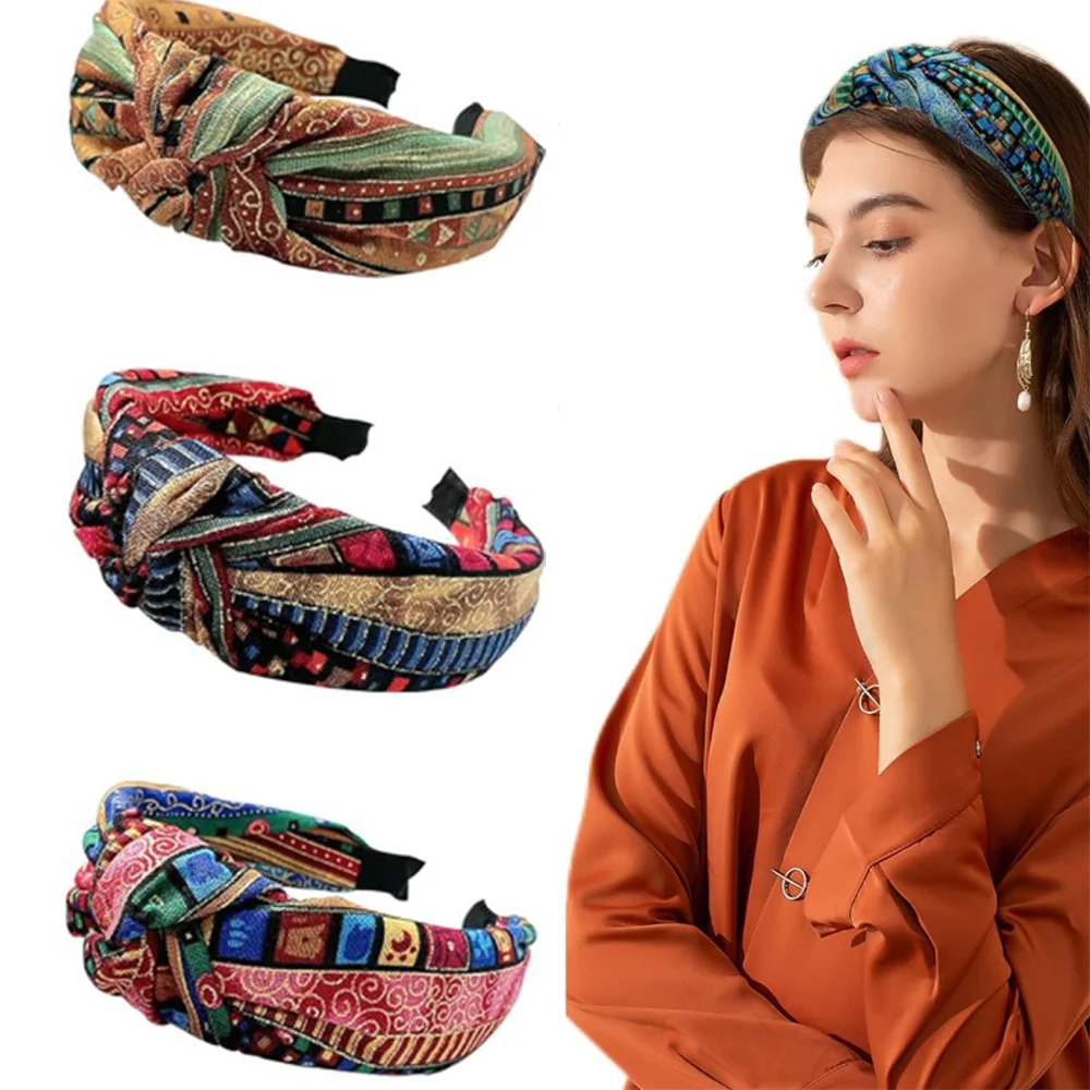 

Ethnic Style Wide Edge Knot Printed Fabric Hairhoop Hairband For Women's High-End Fashion And Versatile Color Contrast Headband