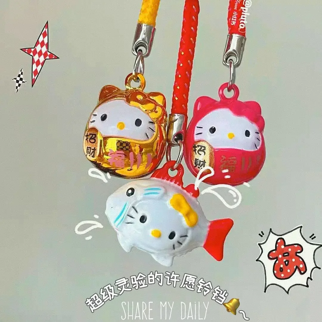 Anime Hello Kitty Y2k Bell Mobile Pendant Cartoon Japanese Lucky Cat Brass Bell Pendant Bag Accessories Keychain Girly Gift