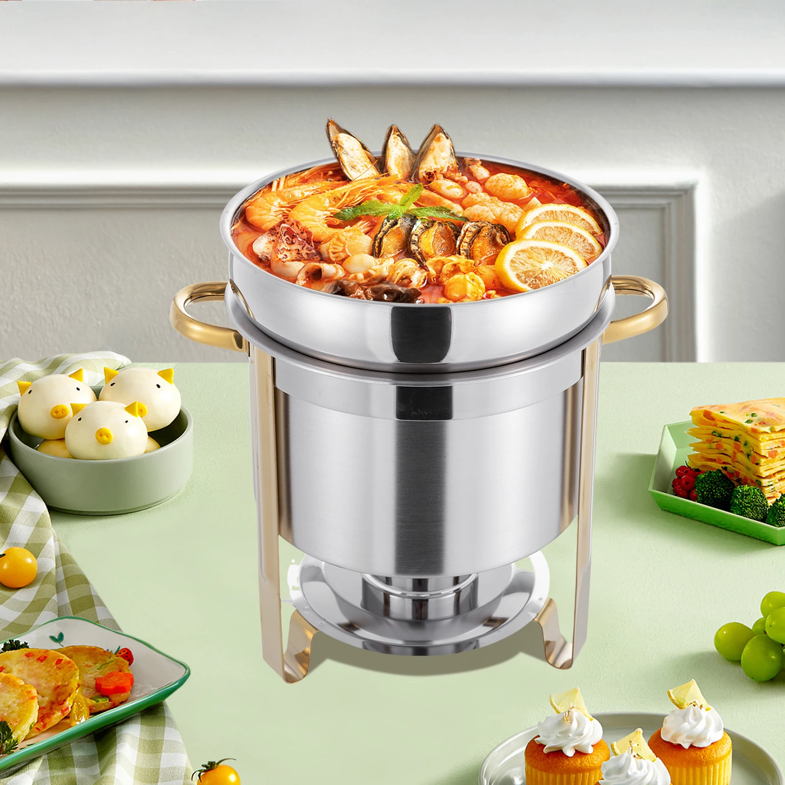 

11L/11.62Qt Silver Stainless Steel Round Soup Warmer, Warmer Soup with Pot Lid and Fuel Holder, for Parties, Catering