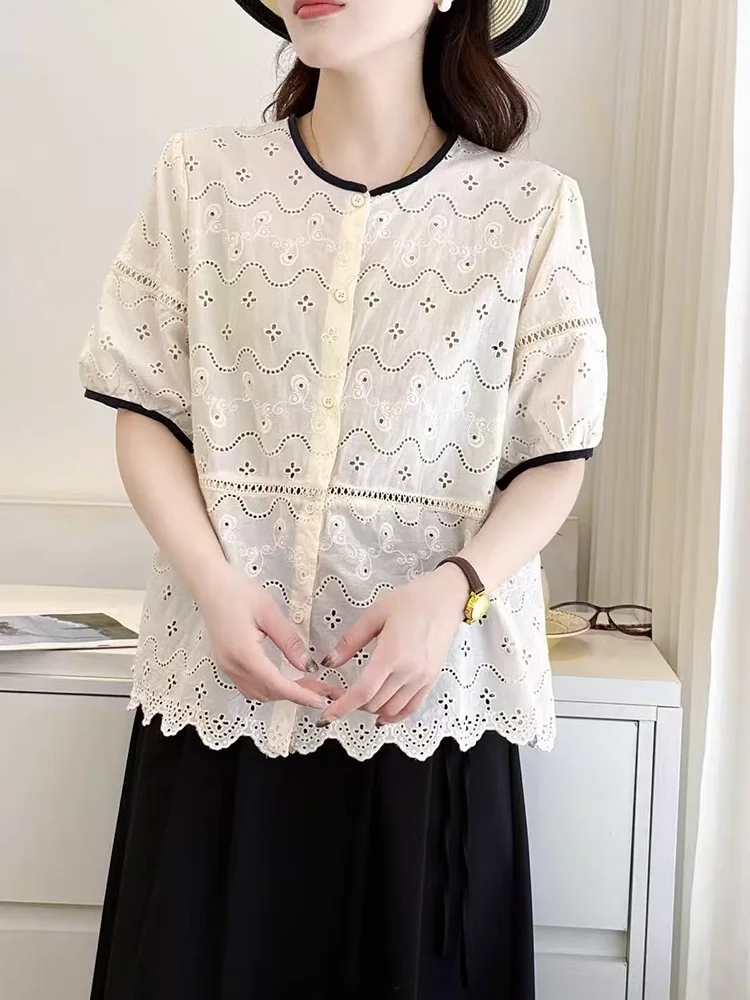 

Одежда в японском стиле, элегантная блузка для женщин, летние хлопковые рубашки с короткими рукавами и вышивкой, офисная одежда, женские топы