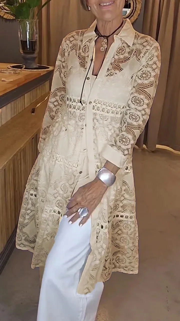 2025 Camicia elegante alla moda casual in pizzo al ginocchio a maniche lunghe con colletto rovesciato tinta unita americana europea di nuova moda da donna