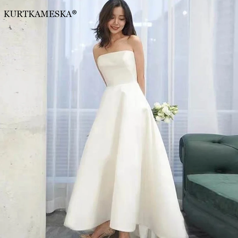 

White Satin Outdoor Wedding Dresses For Women A-Line Bridal Gowns Elegant Back Straps Party Dress Photo Shoot Customized Dresses